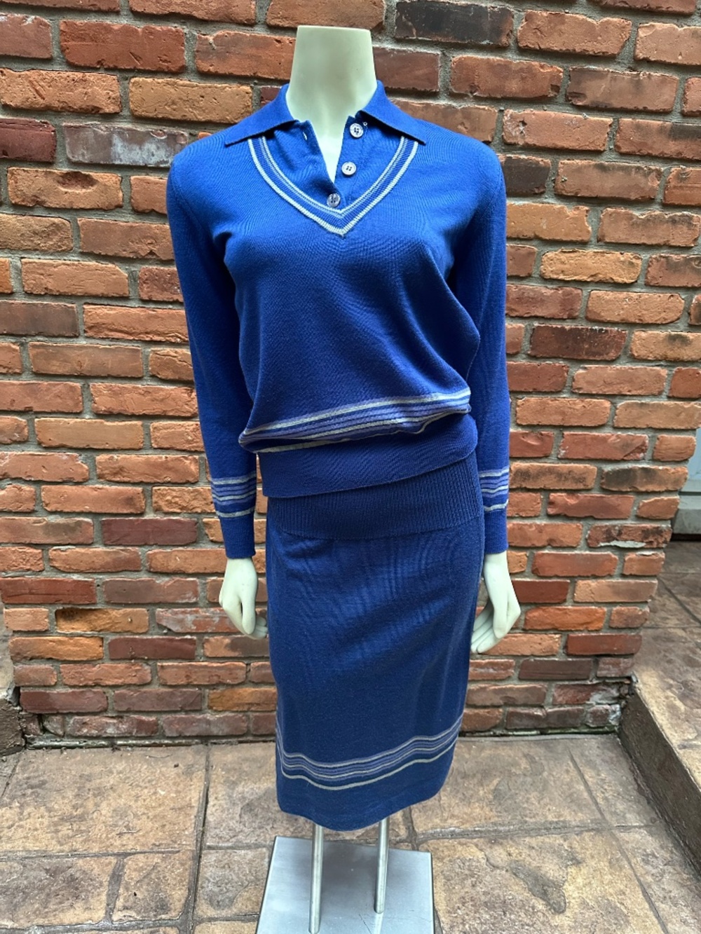 Vintage Jaeger 2 Piece Blue Wool Knit Sweater and Matching Midi Skirt